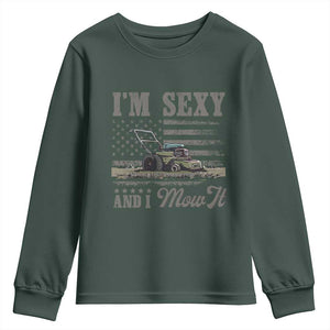 Funny I Am Sexy And I Mow It Youth Sweatshirt Gardening Lawn Mower American Flag Fathers Day TS11 Dark Forest Green Print Your Wear