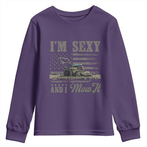 Funny I Am Sexy And I Mow It Youth Sweatshirt Gardening Lawn Mower American Flag Fathers Day TS11 Purple Print Your Wear