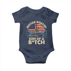 Funny Motor Boat Captain Baby Onesie Motor Boatin' Son Of A Bitch American Flag TS11 Navy Print Your Wear