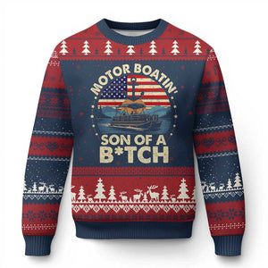 Funny Motor Boat Captain Ugly Christmas Sweater Motor Boatin' Son Of A Bitch American Flag TS11 Navy Red Print Your Wear