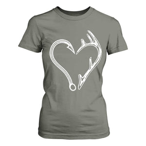 Fishing And Hunting Vintage Hook Antler Heart T Shirt For Women TS11 Military Green Print Your Wear