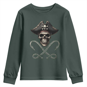 Funny Pirate Fishing Lover Youth Sweatshirt Vintage Pirate Skull Hooks Fishing TS11 Dark Forest Green Print Your Wear