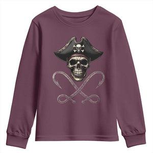 Funny Pirate Fishing Lover Youth Sweatshirt Vintage Pirate Skull Hooks Fishing TS11 Maroon Print Your Wear