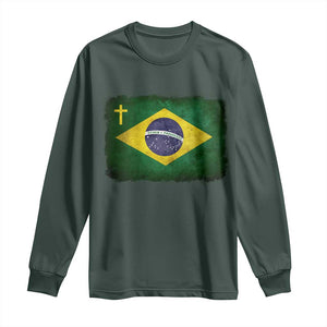 Brazilian Pride Christian Cross Latin America Brazil Flag Long Sleeve Shirt TS11 Dark Forest Green Print Your Wear