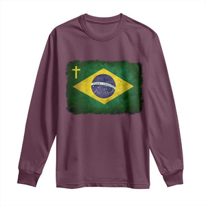 Brazilian Pride Christian Cross Latin America Brazil Flag Long Sleeve Shirt TS11 Maroon Print Your Wear