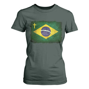 Brazilian Pride Christian Cross Latin America Brazil Flag T Shirt For Women TS11 Dark Forest Green Print Your Wear