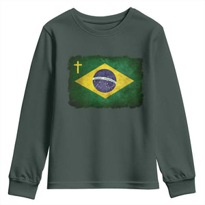 Brazilian Pride Christian Cross Latin America Brazil Flag Youth Sweatshirt TS11 Dark Forest Green Print Your Wear