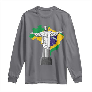 Brazilian Pride Christ the Redeemer Statue Latin America Brazil Map Long Sleeve Shirt TS11 Charcoal Print Your Wear