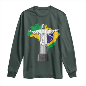 Brazilian Pride Christ the Redeemer Statue Latin America Brazil Map Long Sleeve Shirt TS11 Dark Forest Green Print Your Wear