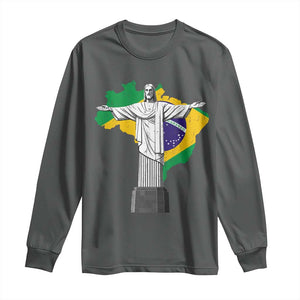 Brazilian Pride Christ the Redeemer Statue Latin America Brazil Map Long Sleeve Shirt TS11 Dark Heather Print Your Wear