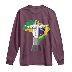 Brazilian Pride Christ the Redeemer Statue Latin America Brazil Map Long Sleeve Shirt TS11 Maroon Print Your Wear