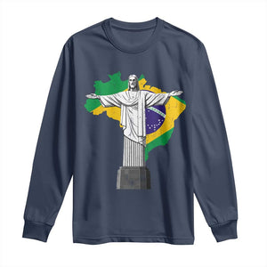 Brazilian Pride Christ the Redeemer Statue Latin America Brazil Map Long Sleeve Shirt TS11 Navy Print Your Wear