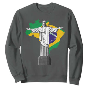 Brazilian Pride Christ the Redeemer Statue Latin America Brazil Map Sweatshirt TS11 Dark Heather Print Your Wear