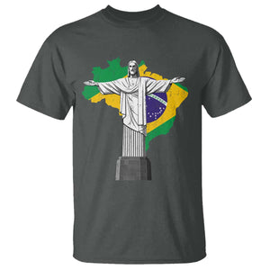 Brazilian Pride Christ the Redeemer Statue Latin America Brazil Map T Shirt TS11 Dark Heather Print Your Wear