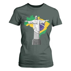 Brazilian Pride Christ the Redeemer Statue Latin America Brazil Map T Shirt For Women TS11 Dark Forest Green Print Your Wear