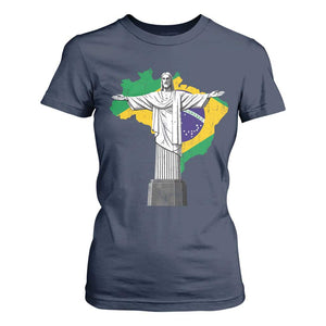 Brazilian Pride Christ the Redeemer Statue Latin America Brazil Map T Shirt For Women TS11 Navy Print Your Wear