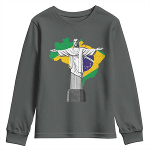 Brazilian Pride Christ the Redeemer Statue Latin America Brazil Map Youth Sweatshirt TS11 Dark Heather Print Your Wear
