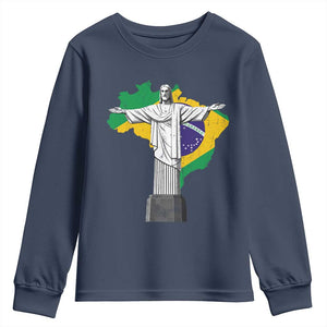 Brazilian Pride Christ the Redeemer Statue Latin America Brazil Map Youth Sweatshirt TS11 Navy Print Your Wear
