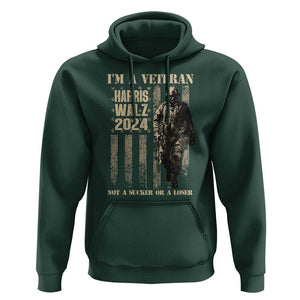 Harris Walz 2024 Hoodie I'm A Veteran Not A Sucker Or A Loser Vintage American Flag Military TS11 Dark Forest Green Print Your Wear