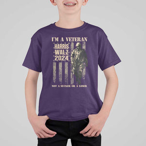 Harris Walz 2024 T Shirt For Kid I'm A Veteran Not A Sucker Or A Loser Vintage American Flag Military TS11 Purple Print Your Wear