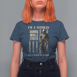 Harris Walz 2024 T Shirt For Women I'm A Veteran Not A Sucker Or A Loser Vintage American Flag Military TS11 Navy Print Your Wear
