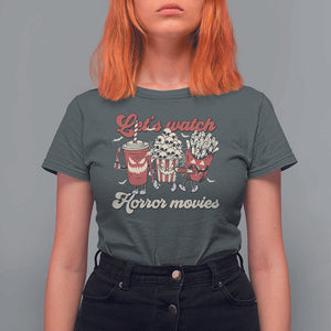 Funny Halloween T Shirt For Women Let's Watch Horror Movies Popcorn Drinks Murderer Bat TS11 Dark Heather Print Your Wear