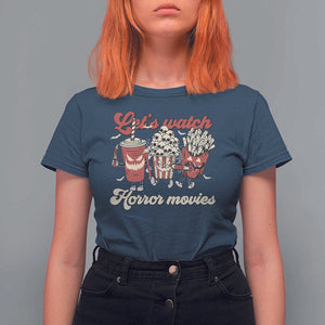 Funny Halloween T Shirt For Women Let's Watch Horror Movies Popcorn Drinks Murderer Bat TS11 Navy Print Your Wear