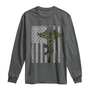 Combat Medic Soldier Long Sleeve Shirt Caduceus Vintage American Flag TS11 Dark Heather Print Your Wear