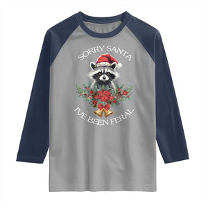 Funny Christmas Racoon Raglan Shirt Sorry Santa I've Been Feral Xmas Wreath TS11 Sport Gray Navy Print Your Wear