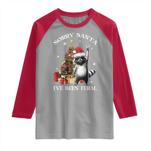 Funny Christmas Racoon Raglan Shirt Sorry Santa I've Been Feral Xmas Hat TS11 Sport Gray Red Print Your Wear
