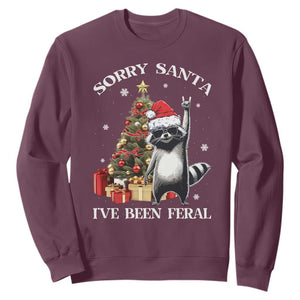 Funny Christmas Racoon Sweatshirt Sorry Santa I've Been Feral Xmas Hat TS11 Maroon Print Your Wear