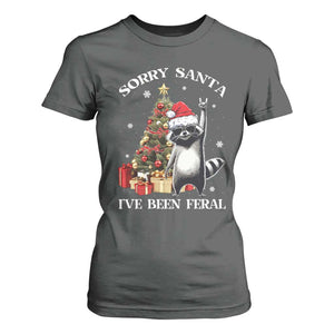 Funny Christmas Racoon T Shirt For Women Sorry Santa I've Been Feral Xmas Hat TS11 Dark Heather Print Your Wear