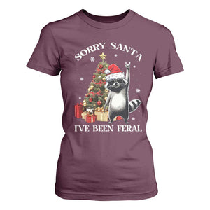 Funny Christmas Racoon T Shirt For Women Sorry Santa I've Been Feral Xmas Hat TS11 Maroon Print Your Wear