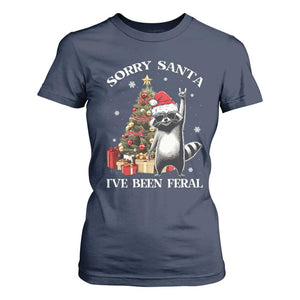 Funny Christmas Racoon T Shirt For Women Sorry Santa I've Been Feral Xmas Hat TS11 Navy Print Your Wear