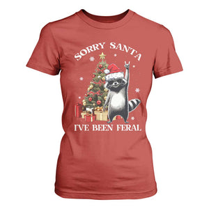 Funny Christmas Racoon T Shirt For Women Sorry Santa I've Been Feral Xmas Hat TS11 Red Print Your Wear