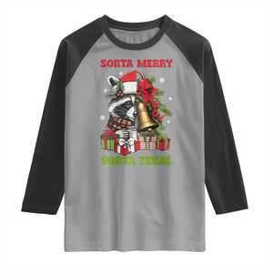 Funny Christmas Racoon Raglan Shirt Sorta Merry Sorta Feral Xmas Wreath TS11 Sport Gray Black Print Your Wear