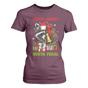 Funny Christmas Racoon T Shirt For Women Sorta Merry Sorta Feral Xmas Wreath TS11 Maroon Print Your Wear