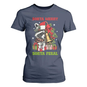 Funny Christmas Racoon T Shirt For Women Sorta Merry Sorta Feral Xmas Wreath TS11 Navy Print Your Wear