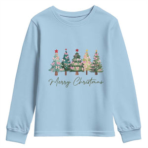 Merry Christmas Coquette Xmas Tree Youth Sweatshirt Cute Pink Bow TS11 Light Blue Print Your Wear