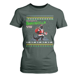 Funny Christmas Santa Godzilla T Shirt For Women You Better Watch Out Santazilla Is Coming To Town TS11 Dark Forest Green Print Your Wear