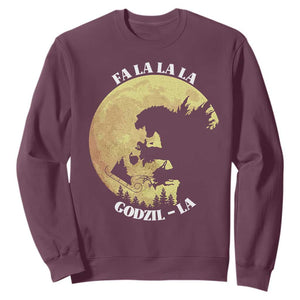 Funny Christmas Godzilla Sweatshirt Falalala Godzil La Santa Reindeers Xmas Japanese Monster TS11 Maroon Print Your Wear