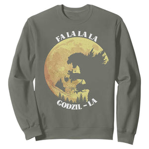 Funny Christmas Godzilla Sweatshirt Falalala Godzil La Santa Reindeers Xmas Japanese Monster TS11 Military Green Print Your Wear