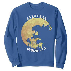 Funny Christmas Godzilla Sweatshirt Falalala Godzil La Santa Reindeers Xmas Japanese Monster TS11 Royal Blue Print Your Wear