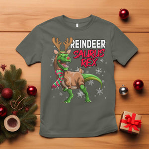 Funny Christmas Rex Dinosaur T Shirt Reindeer Saurus Rex Xmas Dinosaur TS11 Military Green Print Your Wear