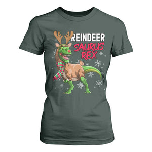 Funny Christmas Rex Dinosaur T Shirt For Women Reindeer Saurus Rex Xmas Dinosaur TS11 Dark Forest Green Print Your Wear