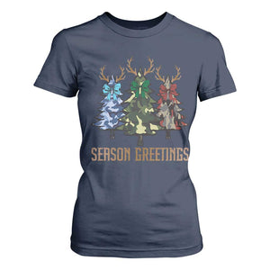 Funny Christmas Hunting T Shirt For Women Season Greetings Camouflage Xmas Tree Reindeers TS11 Navy Print Your Wear