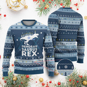 Funny Menorah Saurus Rex Dinosaur David Star Hanukkah Ugly Sweater TS11 Navy Light Blue Print Your Wear