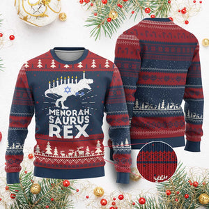 Funny Hanukkah Ugly Christmas Sweater Menorah Saurus Rex Dinosaur David Star TS11 Burgundy Print Your Wear