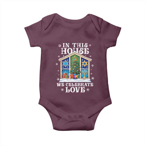Funny Hanukkah Christmas Baby Onesie In This House We Celebrate Love Chrismukkah TS11 Maroon Print Your Wear