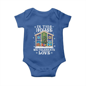 Funny Hanukkah Christmas Baby Onesie In This House We Celebrate Love Chrismukkah TS11 Royal Blue Print Your Wear